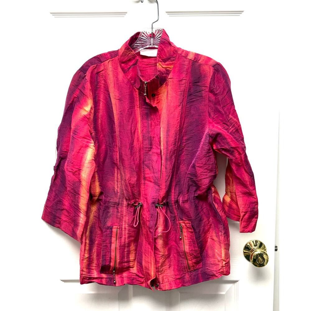 Chico’s Jacket Linen Blend Size M Pink Orange Utility Drawstring Shoulder Pads